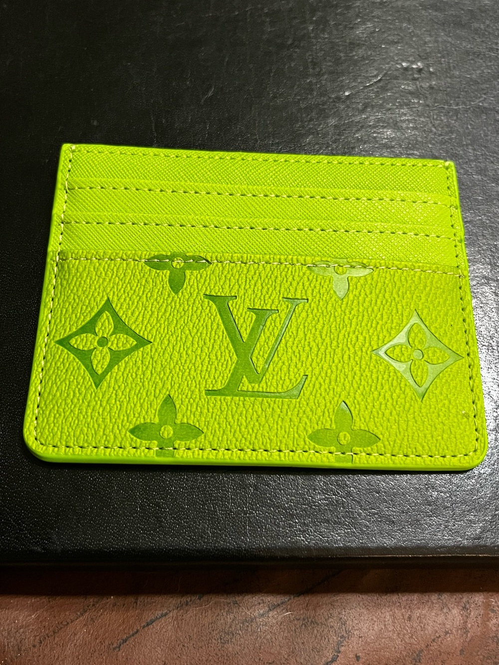 Louis. Vuitton. Bright Green Embossed Letter Logo Credit Card Wallet